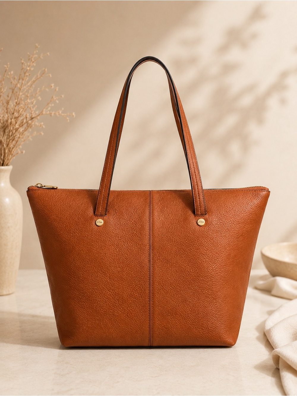 J. Crew Brown Pebbled Leather Tote Bag Large Zip Top Work shoulder bag
